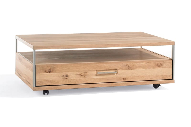 Espero Sofabord 115 cm med Oppbevaringshylle + Skuffpå Hjul - Eik/Brun - Møbler - Bord - Sofabord - Sofabord med hjul