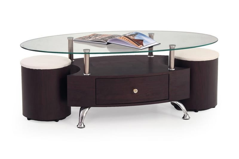 Feliciano Sofabord m Puffer 120cm Ovalt Odppbevaring Hylle+S - Glass/Kirsebærbrun - Møbler - Bord - Spisebord & kjøkkenbord