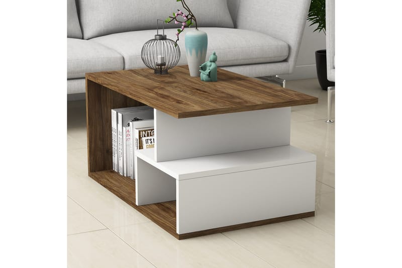 Garavelo Sofabord 90 cm med Oppbevaring Hyller - Mørkebrun/Natur/Hvit - Møbler - Bord - Sofabord