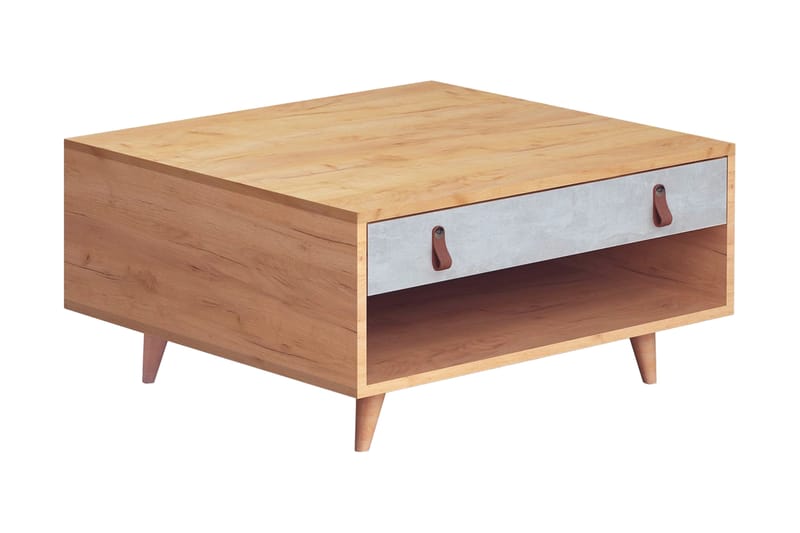 Mod Design Sofabord 80 cm med Oppbevaring Skuff + Hylle Lærb - Grå/Tre - Møbler - Bord - Sofabord