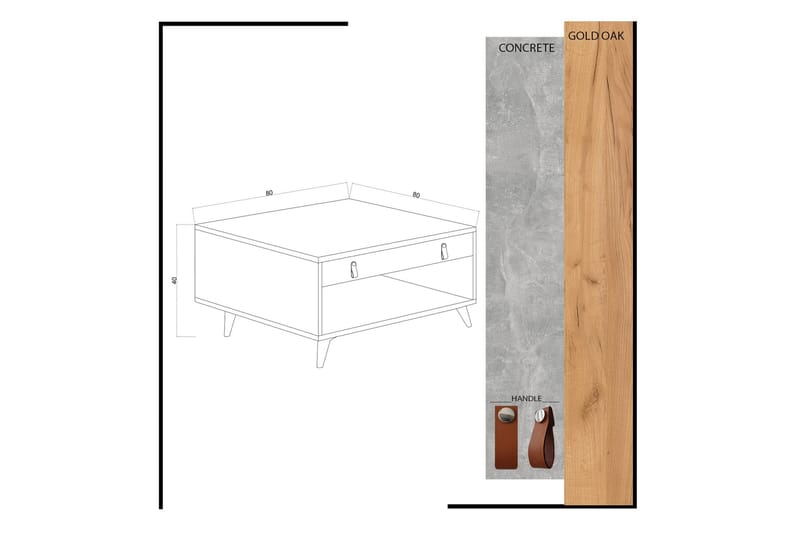 Mod Design Sofabord 80 cm med Oppbevaringsskuff + Hylle Lærb - Grå/Tre - Møbler - Bord - Sofabord