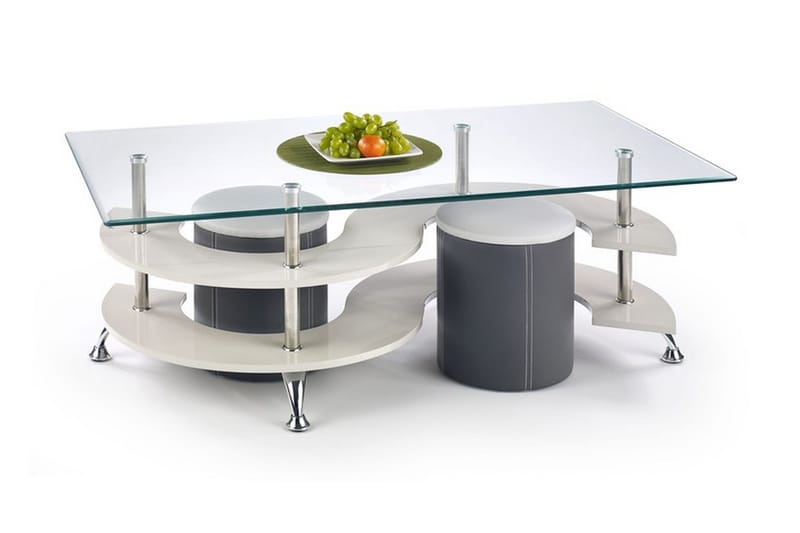 Nina Sofabord med Puffer 130 cm med Oppbevaring Hylle - Glass/Grå/Hvit - Møbler - Bord - Kontorbord - Skrivebord