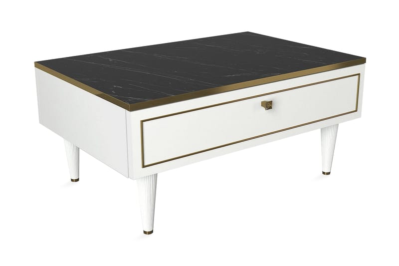 Pinneo Sofabord 90 cm med Oppbevaring Lucka Marmormønster - Hvit/Gull/Svart - Møbler - Bord - Sofabord