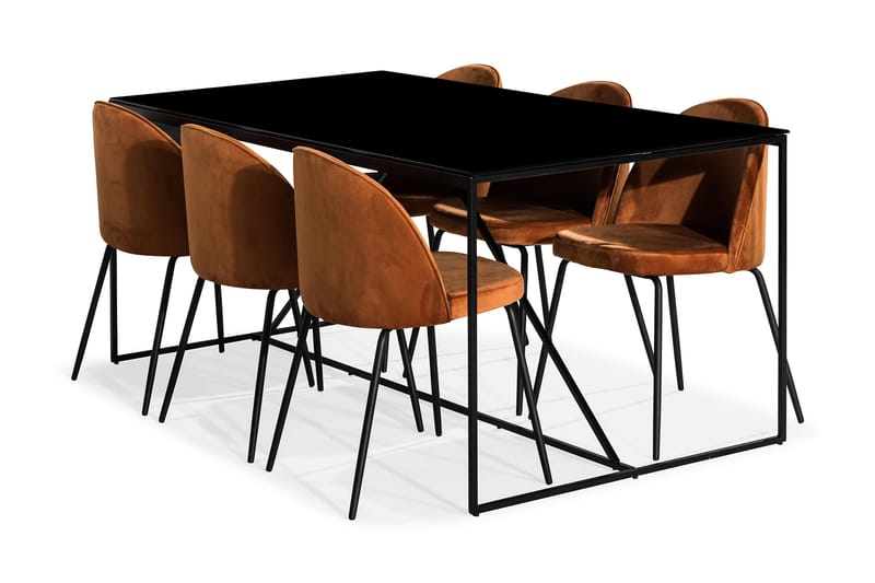 Indy Spisegruppe med 6 Felipe Stoler Fløyel - Glass/Metall/Oransje/Svart - Møbler - Bord - Spisebord & kjøkkenbord