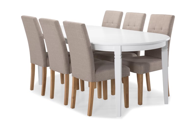 Läckö Spisebord med 6 Viktor stoler - Hvit/Beige/Eik - Møbler - Senger - Kontinentalsenger