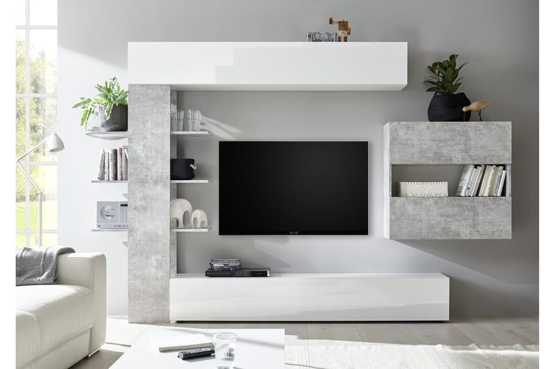 Sorano Veggkombinasjon 295 cm med Hylle - Hvit/Grå - Møbler - Medie- & TV-møbler - TV-møbelsett