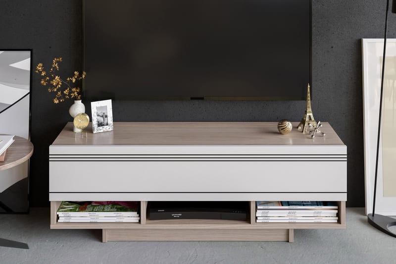 Kandaol TV-benk 120 cm Dør + 6 hyller - Hvit/Natur - Møbler - Mediamøbel & tv møbel - TV-benk & mediabenk