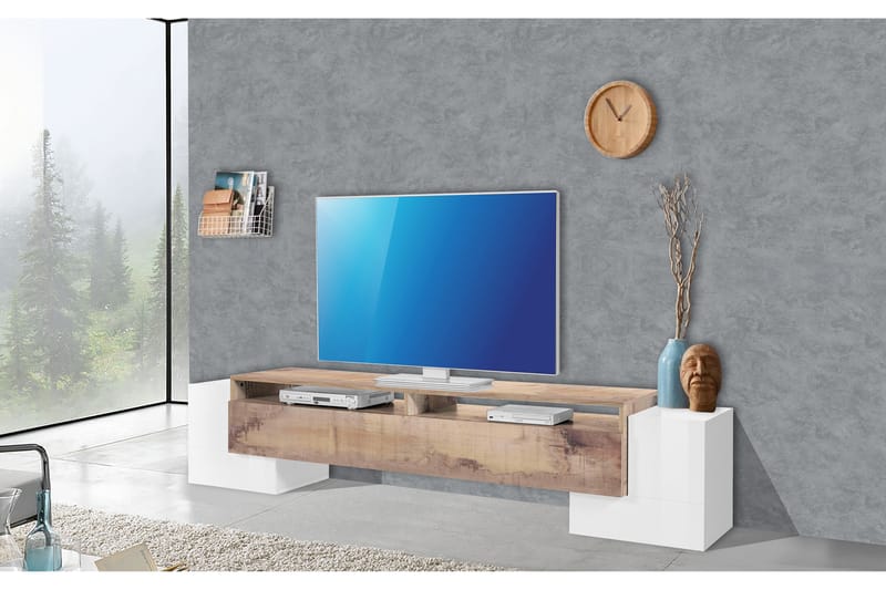Pillona Tv-benk 210 cm - Hvit/Natur/Lønnfarge - Møbler - Mediamøbel & tv møbel - TV-benk & mediabenk