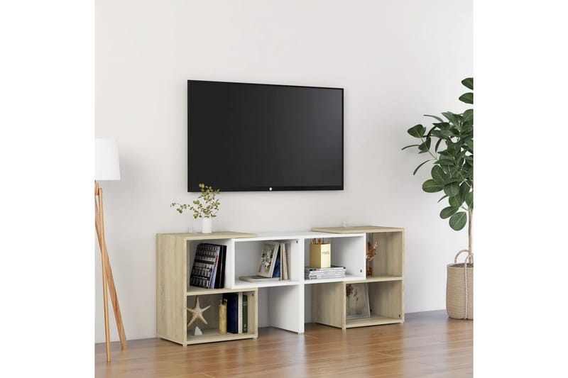 TV-benk hvit og sonoma eik 104x30x52 cm sponplate - Hvit - Møbler - Mediamøbel & tv møbel - TV-benk & mediabenk