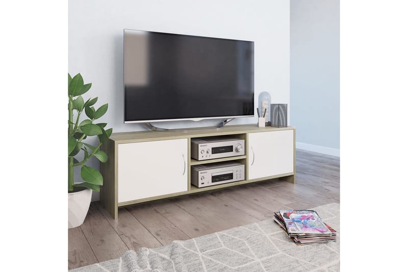 TV-benk hvit og sonoma eik 120x30x37,5 cm sponplate - Møbler - Mediamøbel & tv møbel - TV-benk & mediabenk