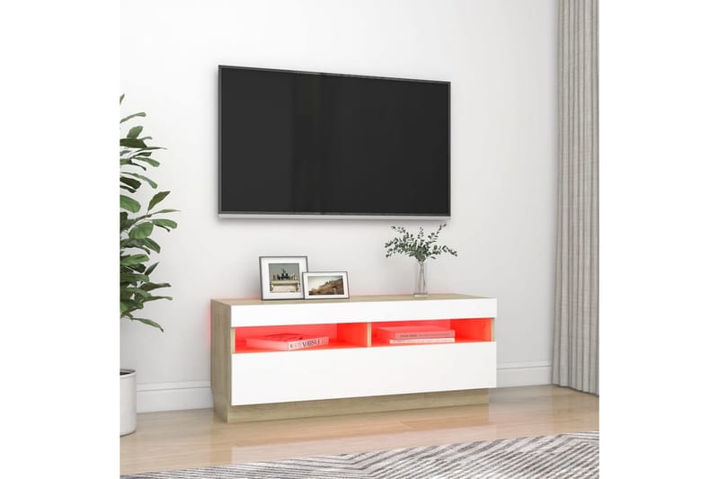 TV-benk med LED-lys hvit og sonoma eik 100x35x40 cm - Hvit - Møbler - Medie- & TV-møbler - TV-benk & mediabenk