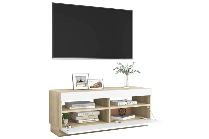 TV-benk med LED-lys hvit og sonoma eik 100x35x40 cm - Hvit - Møbler - Medie- & TV-møbler - TV-benk & mediabenk