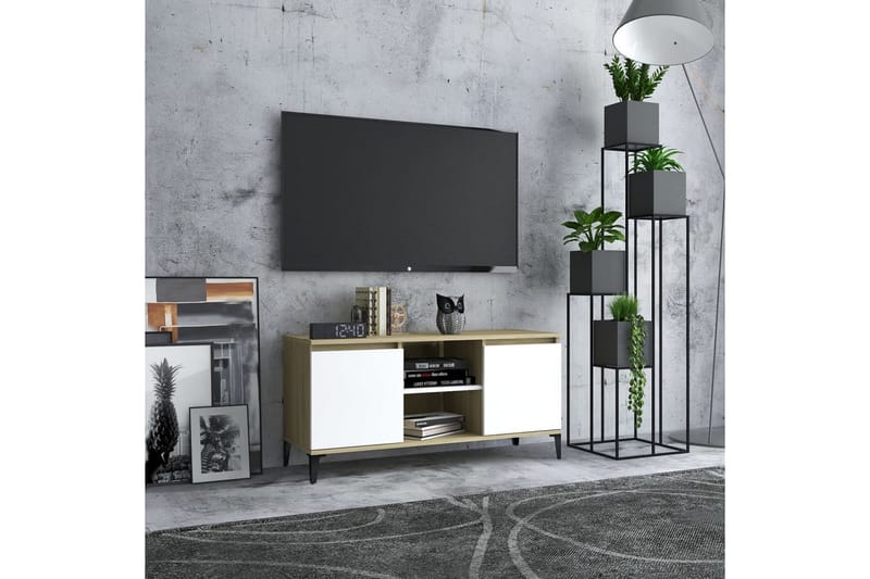 TV-benk med metallben hvit og sonoma eik 103,5x35x50 cm - Beige - Møbler - Medie- & TV-møbler - TV-benk & mediabenk
