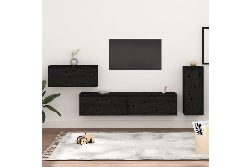 TV-benker 4 stk svart heltre furu - Svart - Møbler - Mediamøbel & tv møbel - TV-benk & mediabenk