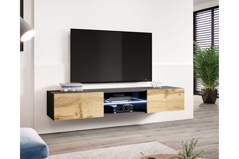 Vigia Glass Tv-benk 180x40x30 cm - Glass/Svart/Eikefarge - Møbler - Mediamøbel & tv møbel - TV-benk & mediabenk
