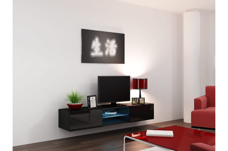Vigia Glass Tv-benk 180x40x30 cm - Glass/Svart/Svart Høyglans - Møbler - Medie- & TV-møbler - TV-benk & mediabenk