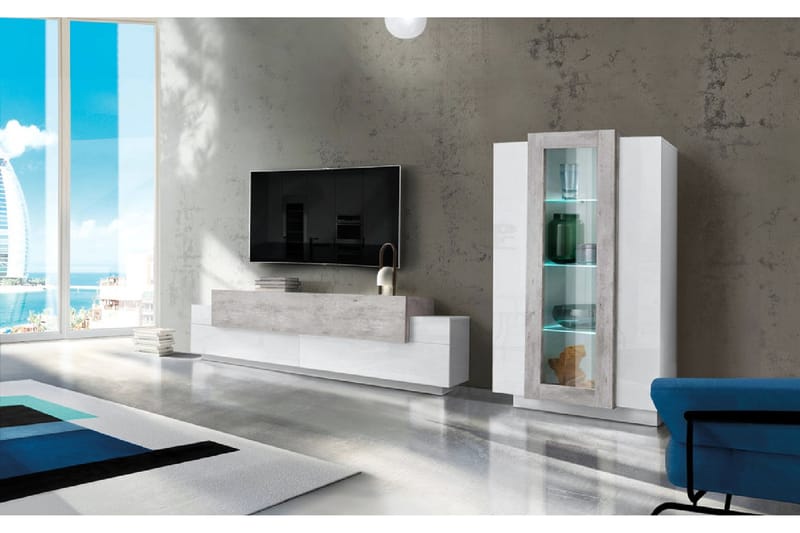 Coran Tv-møbelsett 280x121 cm - Glass/Hvit Høyglans/Betonggrå - Møbler - Mediamøbel & tv møbel - TV-møbelsett