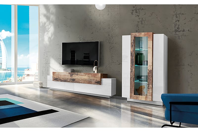Coran Tv-møbelsett 280x121 cm - Glass/Hvit/Natur/Lønnfarge - Møbler - Medie- & TV-møbler - TV-møbelsett