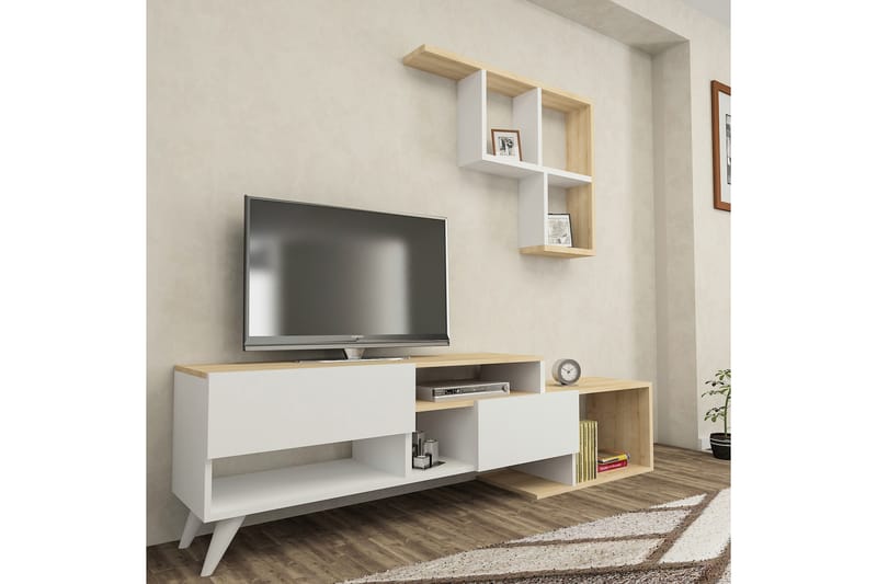 Fuhaymi TV-møbelsett 135 cm 2 Dører + 9 Hyller - Hvit / Blå / Natur - Møbler - Mediamøbel & tv møbel - TV-møbelsett