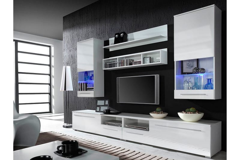 Luna TV-møbelsett 44x260 cm LED-belysning - Hvit/Høyglans - Møbler - Medie- & TV-møbler - TV-møbelsett