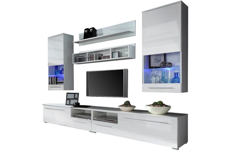 Luna TV-møbelsett 44x260 cm LED-belysning - Hvit/Høyglans - Møbler - Mediamøbel & tv møbel - TV-møbelsett