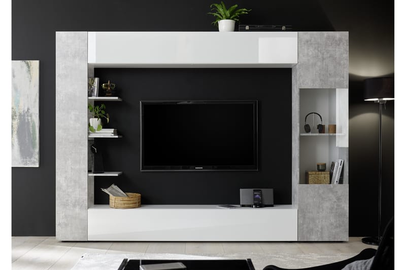 Sorano Veggkombinasjon 295 cm - Hvit/Grå - Møbler - Medie- & TV-møbler - TV-møbelsett