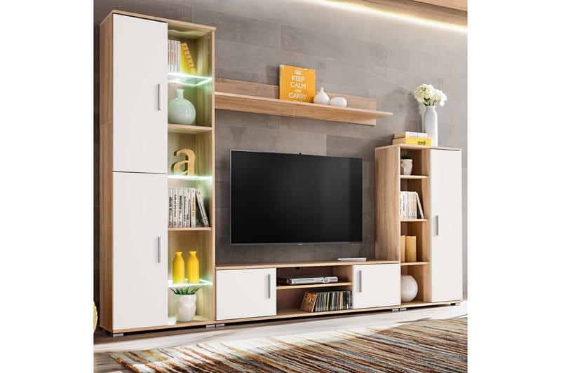 TV-veggenhet med LED-lys sonoma eik og hvit - Sonoma Eik/Hvit - Møbler - Mediamøbel & tv møbel - TV-møbelsett