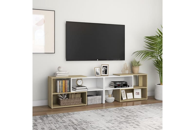 TV-benk hvit og sonoma eik 149x30x52 cm sponplate - Hvit - Møbler - Mediamøbel & tv møbel - TV-skap