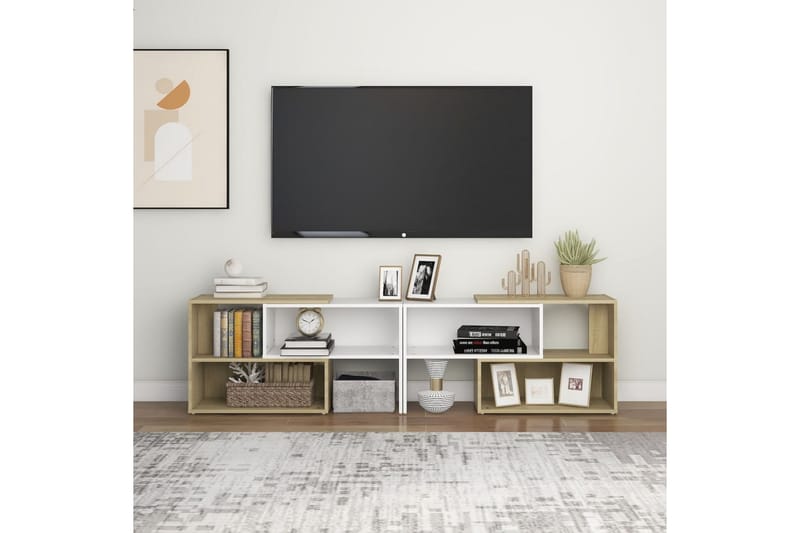 TV-benk hvit og sonoma eik 149x30x52 cm sponplate - Hvit - Møbler - Mediamøbel & tv møbel - TV-skap