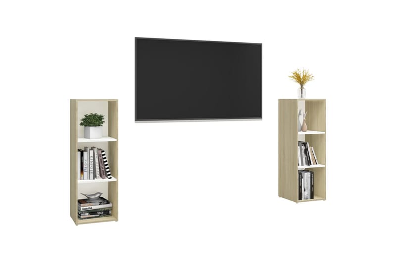 TV-benker 2 stk hvit og sonoma eik 107x35x37 cm sponplate - Beige - Møbler - Medie- & TV-møbler - TV-skap