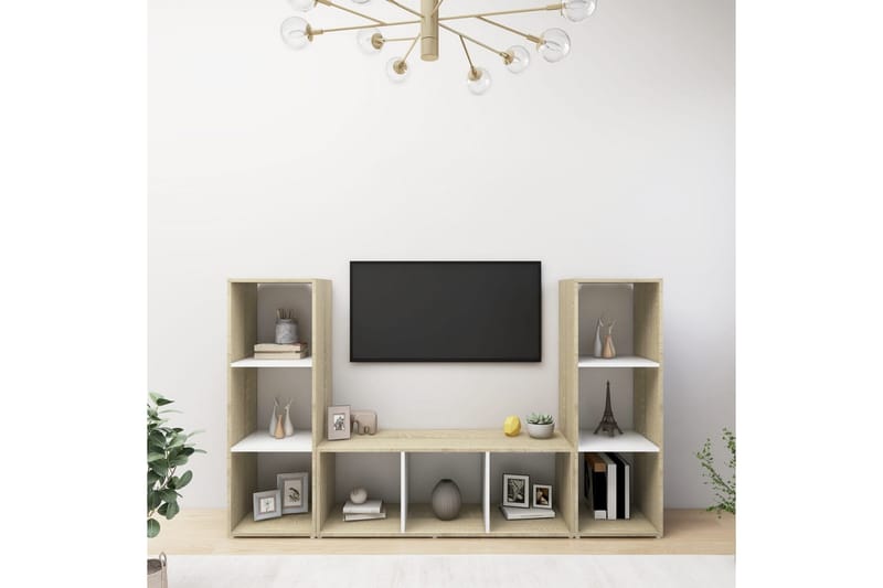 TV-benker 3 stk hvit og sonoma eik 107x35x37 cm sponplate - Beige - Møbler - Medie- & TV-møbler - TV-skap