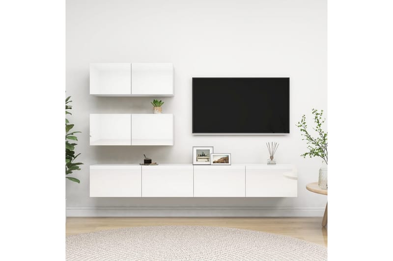 TV-benksett 4 deler høyglans hvit sponplate - Hvit - Møbler - Mediamøbel & tv møbel - TV-skap