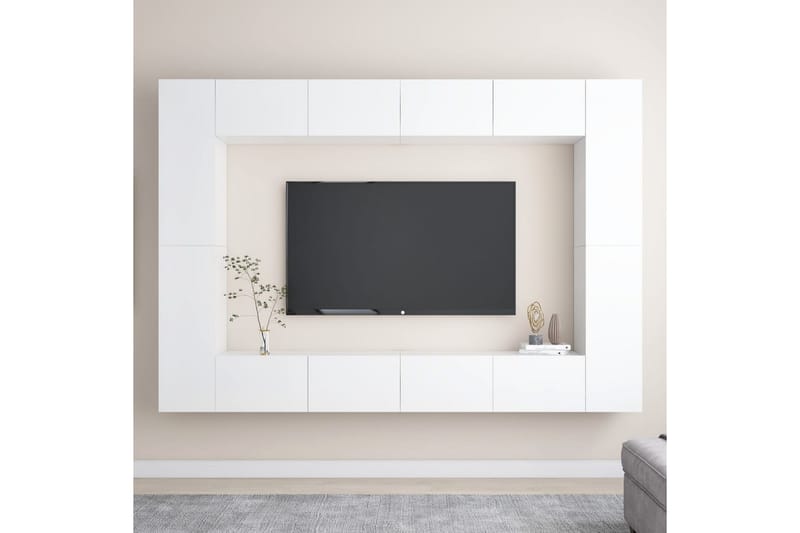 TV-benksett 8 deler høyglans hvit sponplate - Hvit - Møbler - Mediamøbel & tv møbel - TV-skap