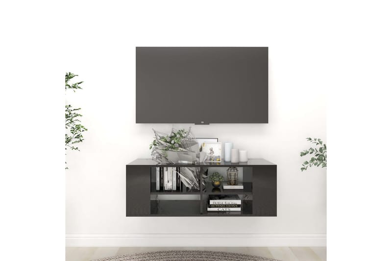 Vegghengt TV-benk høyglans svart 102x35x35 cm sponplate - Svart - Møbler - Mediamøbel & tv møbel - TV-skap