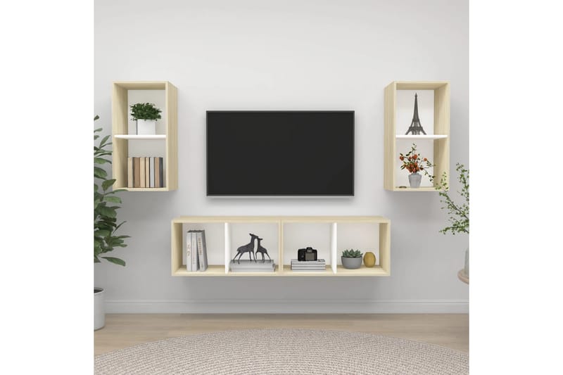 Vegghengte TV-benker 4 stk hvit og sonoma eik sponplate - Beige - Møbler - Mediamøbel & tv møbel - TV-skap