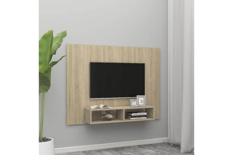 Veggmontert TV-benk sonoma eik 135x23,5x90 cm sponplate - Brun - Møbler - Mediamøbel & tv møbel - TV-skap