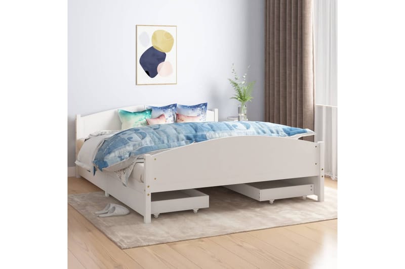 Sengeramme med 4 skuffer hvit heltre furu 160x200 cm - Hvit - Møbler - Senger - Sengeramme & sengestamme