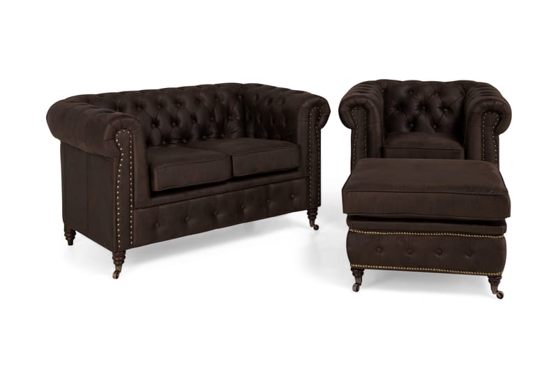 Chesterfield Deluxe Sofagruppe 2-seter+Lenestol+Fotskammel - Mørkebrun - Møbler - Sofaer - 2 seter sofa