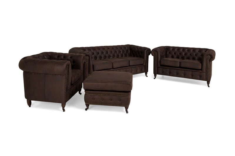 Chesterfield Deluxe Sofagruppe 3+2-seter+Lenestol+Fotskammel - Mørkebrun - Møbler - Sofaer - Sofagrupper - Howard sofagruppe