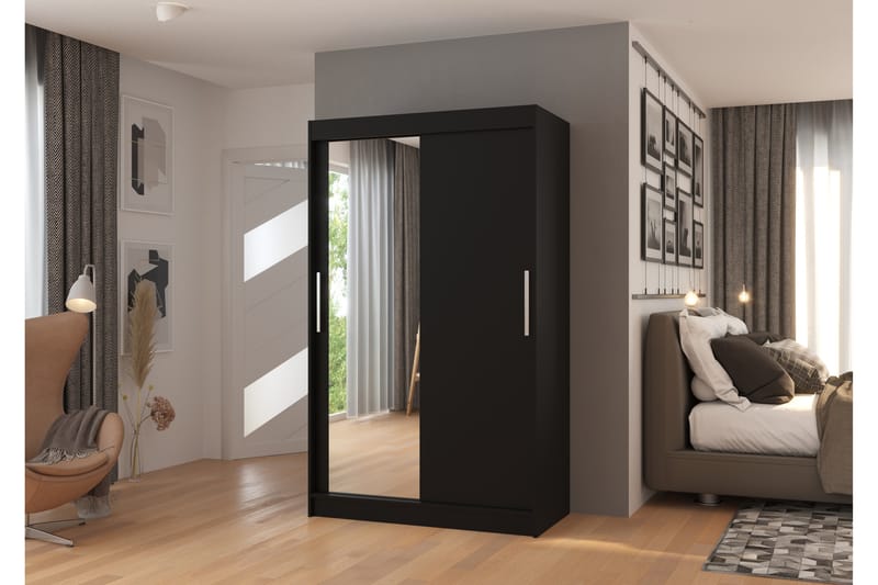 Bario Garderobe med Speil 120x200 cm - Svart - Oppbevaring - Klesoppbevaring - Garderober & garderobesystem