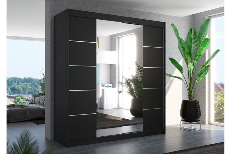 Dalmatea Garderobe med Speil 200x215 cm - Svart - Oppbevaring - Klesoppbevaring - Garderober & garderobesystem