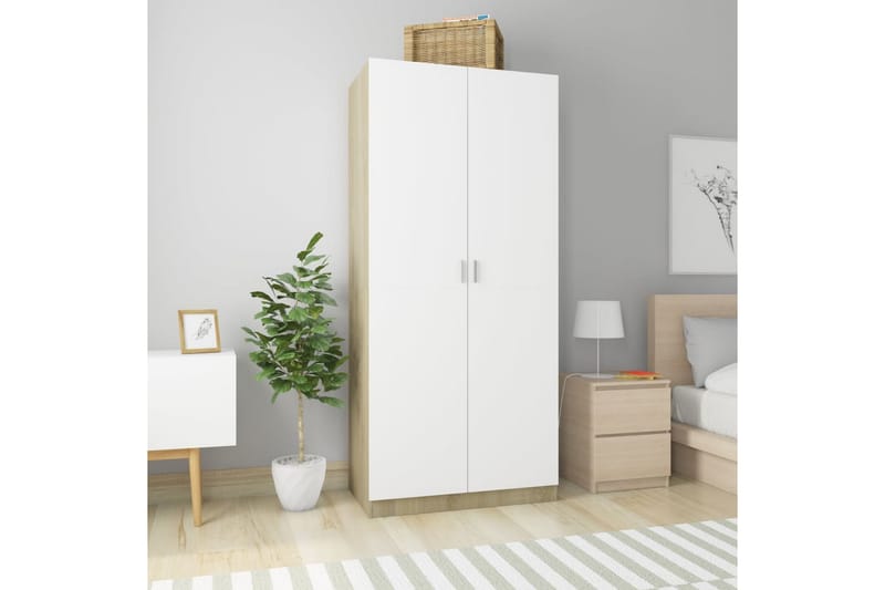 Garderobe hvit og sonoma eik 90x52x200 cm sponplate - Oppbevaring - Klesoppbevaring - Garderober & garderobesystem