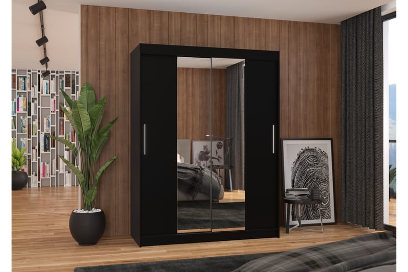 Iness Garderobe med Speil 150x200 cm - Svart - Oppbevaring - Klesoppbevaring - Garderober & garderobesystem