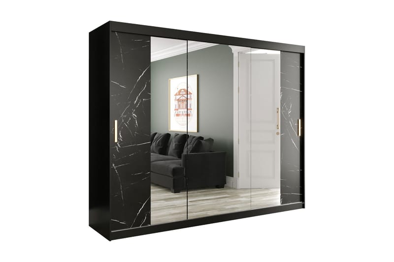 Marmuria Garderob med Speil Kant 250 cm Marmormønster - Svart - Oppbevaring - Klesoppbevaring - Garderober & garderobesystem