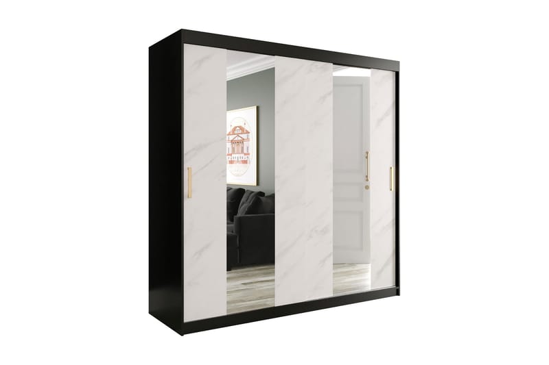 Marmuria Garderob med Speil Midt 200 cm Marmormønster - Svart/Hvit/Gull - Oppbevaring - Klesoppbevaring - Garderober & garderobesystem