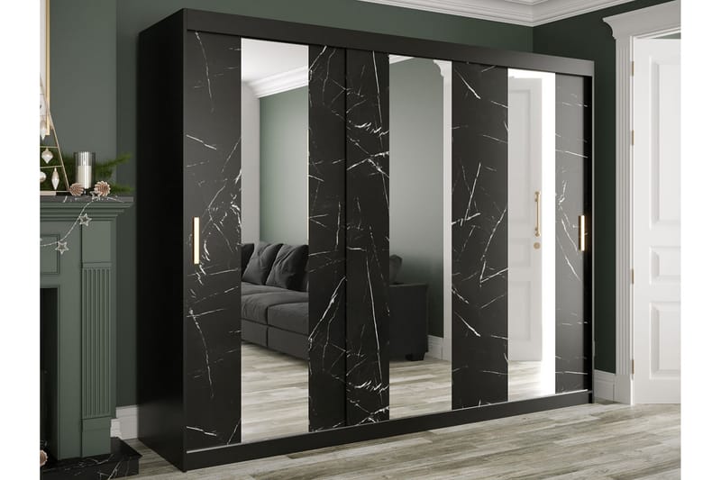 Marmuria Garderob med Speil Midt 250 cm Marmormønster - Svart - Oppbevaring - Klesoppbevaring - Garderober & garderobesystem