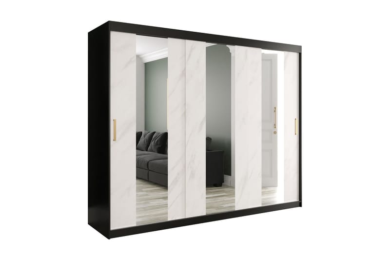 Marmuria Garderob med Speil Midt 250 cm Marmormønster - Svart/Hvit/Gull - Oppbevaring - Klesoppbevaring - Garderober & garderobesystem