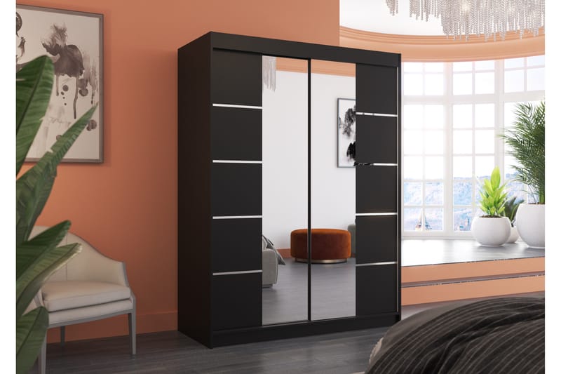 Nordia Garderobe med Speil 150x200 cm - Svart - Oppbevaring - Klesoppbevaring - Garderober & garderobesystem