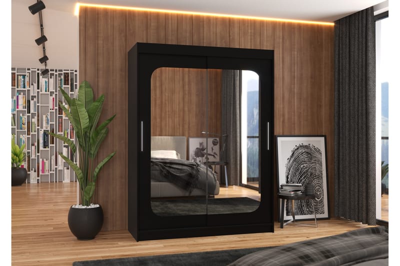 Permo Garderobe med Speil 150x200 cm - Svart - Oppbevaring - Klesoppbevaring - Garderober & garderobesystem