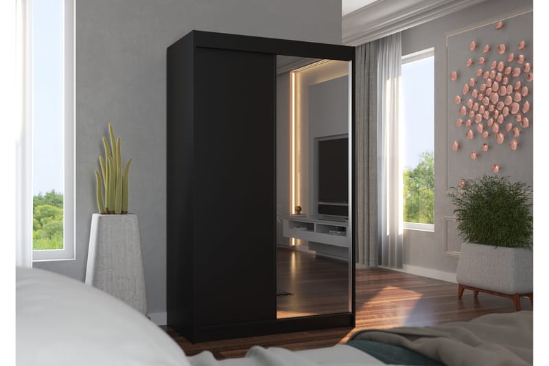 Rewena Garderobe med Speil 120x200 cm - Svart - Oppbevaring - Klesoppbevaring - Garderober & garderobesystem
